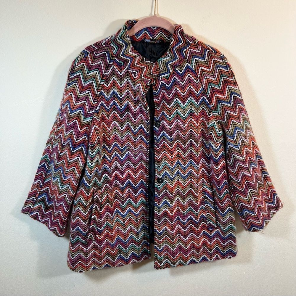 Charlie B Colorful Chevron Print Fuzzy Knit Button Front Jacket Women’s PS